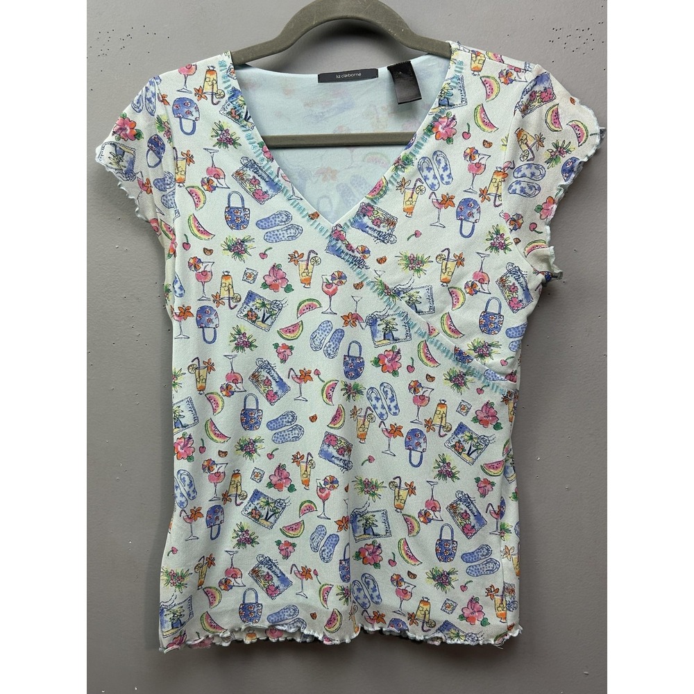 Liz‎ Claiborne Shirt Womens Small Blue Tropical Beach Print Ruffle V Neck Y2K